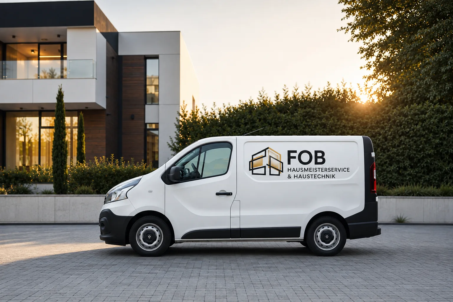 FOB Servicefahrzeug vor einer modernen Immobilie in München und Umgebung